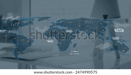 A digital image of data processing taking place on a world map. Global business finance connections and digital interface concept digitally generated image.