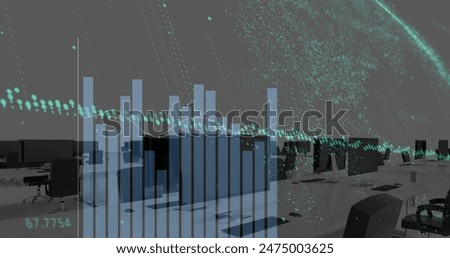 Image of statistical data processing against empty office. Computer interface and business data technology concept