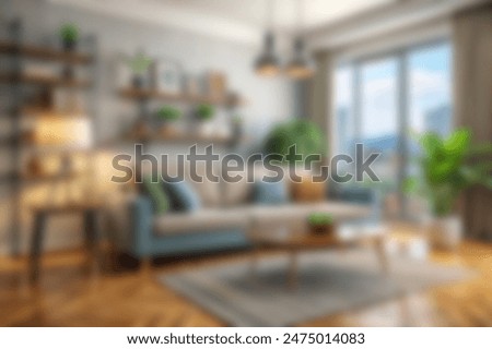 Blur livingroom at home with morning sunlight at big window for background usage. blur modern livingroom interior background concept. bright tone.