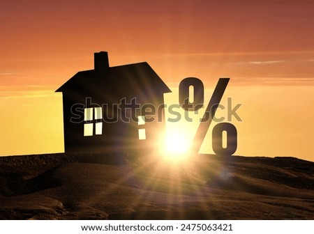 Percent sign and model of house on bright sunset background. House Mortgage Loan. House and property investment. Loan, Mortgage, Inflation, Sale and tax rise. Discount Calculator