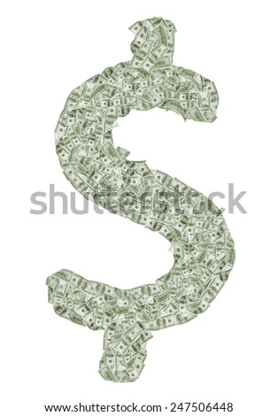 Dollar sign made of hundred dollar banknotes isolated on white