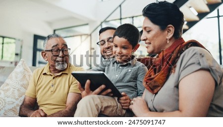 Big family, love and tablet on sofa for internet, search or streaming cartoon while bonding on home visit. Digital, elearning and man with senior parents, kid and app for ebook, storytelling or games