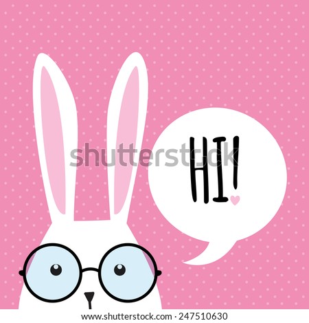 Greeting card with with white Easter rabbit. Funny bunny. Easter Bunny. 