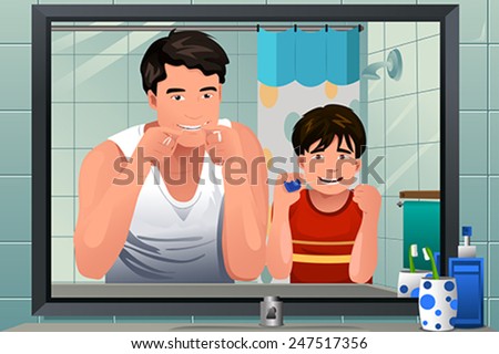 A vector illustration of father teaching his son how to floss in the bathroom