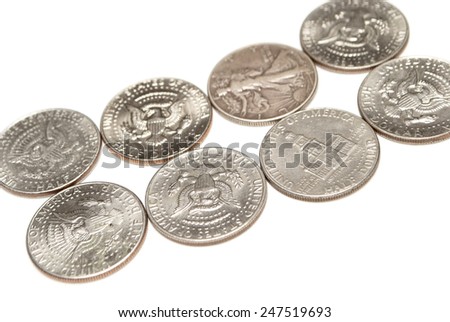 Silver Coins, Half Dollar, Money on White Background 