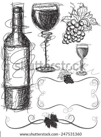 Wine Sketches Sketchy, hand drawn wine bottle, wine glasses, grapes, and decorative vine scrolls