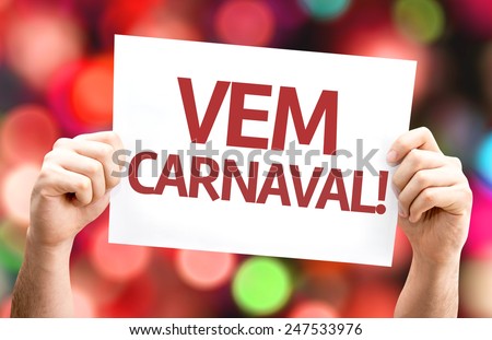 Carnival is Coming (in Portuguese) card with colorful background with defocused lights