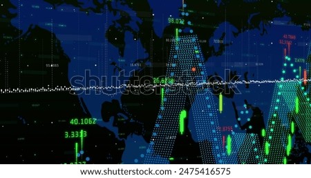 Image of financial data processing over world map, copy space. Global business, finances, computing and data processing concept digitally generated image