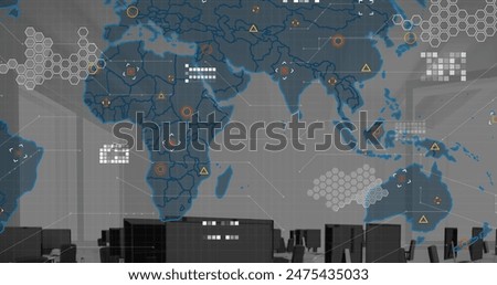 Image of data processing and statistics with world map over offcie. Global business, finances, computing and data processing concept digitally generated image.