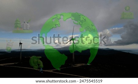 Alternative Energy. Wind farm. Aerial view of horizontal-axis wind turbines generating electricity Wind energy. Clean renewable energy technologies. Wind power plants. Animated visualization concept.