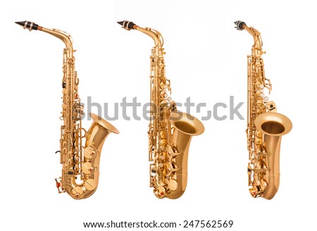 Alto saxophone in soft light isolated on white Royalty-Free Stock Photo #247562569