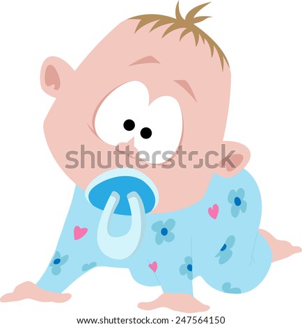 Cute little baby in a pretty pajamas and pacifiers in his mouth.