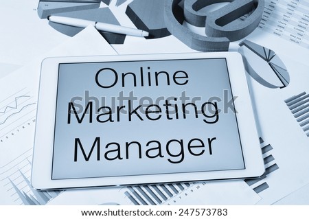 the text online marketing manager in the screen of a tablet