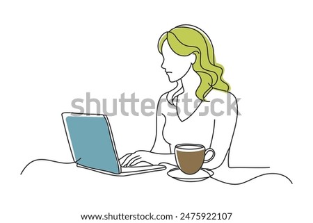 woman studying using a computer at a cafe, doodle continuous line art vector illustration