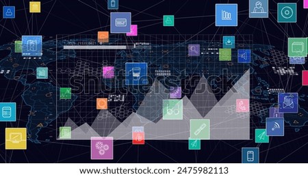 Image of network of digital icons over statistical data processing against world map. Global networking and business technology concept