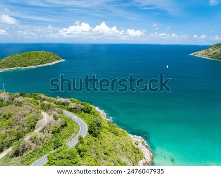 Amazing seascape view seashore and mountains, Aerial view of Tropical sea in the beautiful Phuket island Thailand, Travel and business tour website background concept