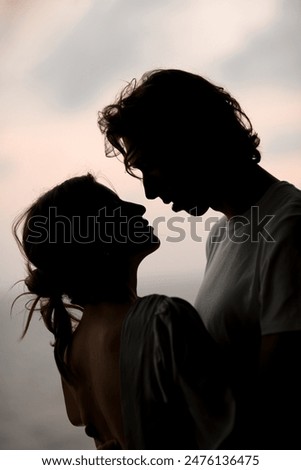 Silhouettes of a woman and a man approached each other with their faces against the background of a blurred sky