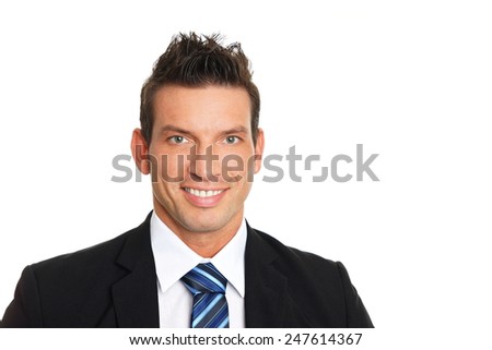 Portrait of handsome smiling businessman in suit, right you can write some text