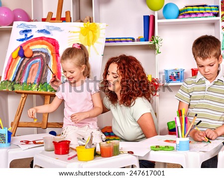 Child with mother painting . Lesson in child club