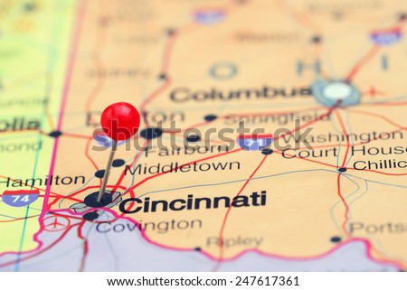 Cincinnati pinned on a map of USA 