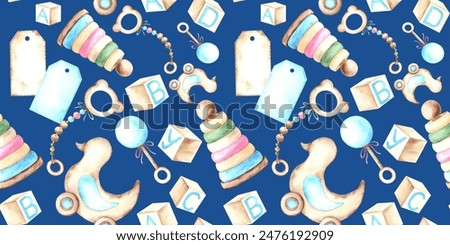 Children's wooden toys, watercolor seamless pattern on blue background.