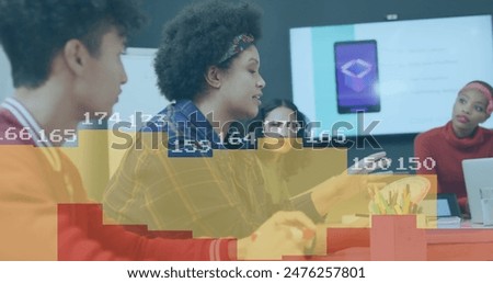 Image of statistical data processing against biracial woman discussing with colleagues at office. Computer interface and business data technology concept