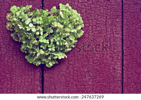 green heart of flowers on a background of a wooden fence