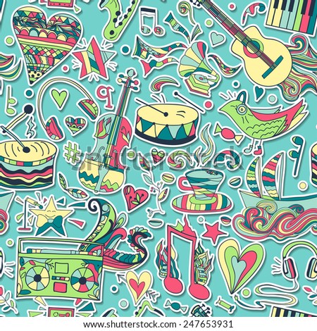 Vector seamless 3d pattern, cute background. Draw, doodles. Notes, love, musical instruments, music, life. Illustration can be used for wrappers, websites, banners, flyers, fabrics, surface texture.
