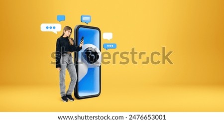 Woman in earbuds using phone, cartoon AI robot looking out of phone screen with speech bubbles on orange background. Concept of online virtual assistant and chat bot