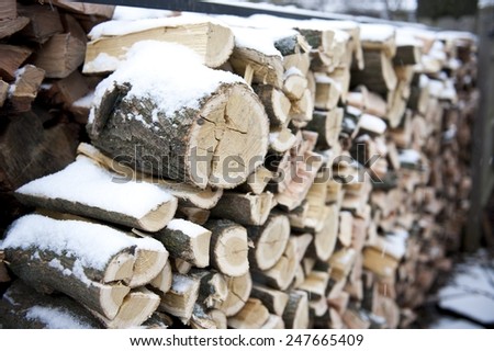 A pile of chopped wood stacked in the winter on a cloudy day.