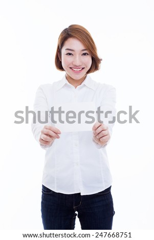 Asian woman showing empty card isolated on white background.