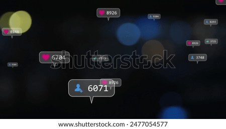 Image of notification icons with changing numbers over lens flare. Digitally generated, social media, profile, like, heart, feedback, positive, technology and light concept.
