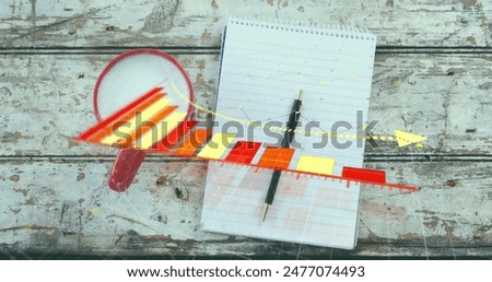 Image of arrow on reducing bar graph, overhead view of milk in cup with pen and notepad on table. Digital composite, multiple exposure, report, loss, reduction and beverage concept.