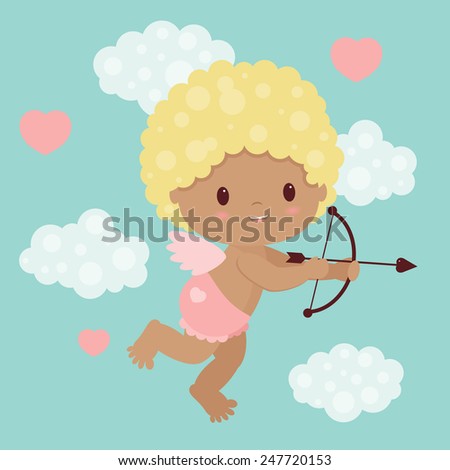 Valentine's Day vector illustration. Little cupid with bow and arrow flying in the sky