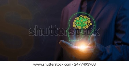 Money, profit, investment, growth, economy, finance and success concept. Businessman showing glowing neon line of dollar currency tree sign inside human head icon.