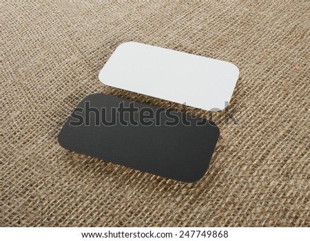 identity design, corporate templates, company style, blank business cards with rounded corners on burlap