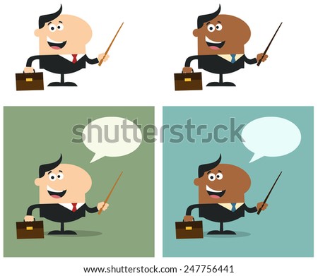 Smiling Manager Holding A Pointer Stick. Flat Style Vector Collection Set