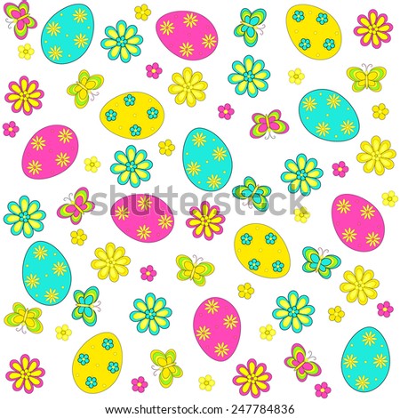 easter pattern,seamless.eggs, butterfly and flower on a white background,vector