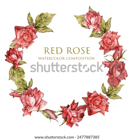 Wreath Red Scarlet Roses with Raindrops on Petals and Leaves. Watercolor Beautiful Illustration. Isolated White Background. For Postcards, Invitations, Flower Shop Logos, Home Textiles.