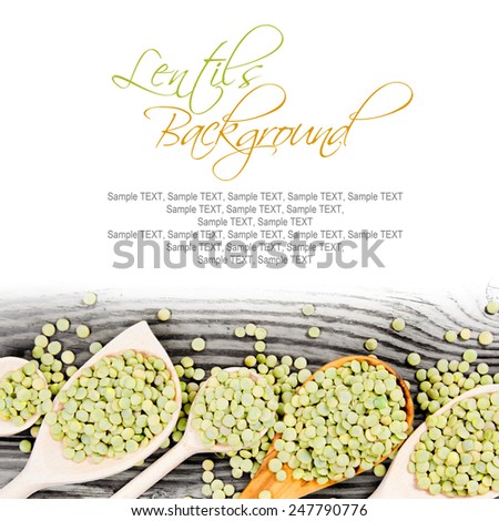 Photo of spoons with lentils on wooden board with white space for text