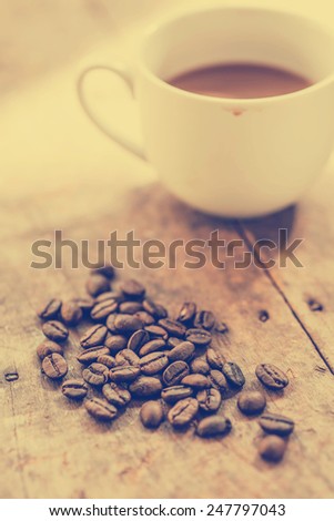 cup of coffee on wooden background with nature light.Photo filter effect.