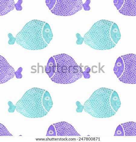 Watercolor seamless pattern with fish on the white background, aquarelle. Vector illustration. Hand-drawn decorative element useful for invitations, scrapbooking, design. 