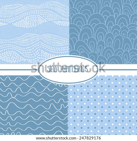 Set of sea seamless patterns (tiling). Vector illustration for abstract aqua design. Endless texture can be used for fills, web page background, surface. Set of blue wallpaper with curves.
