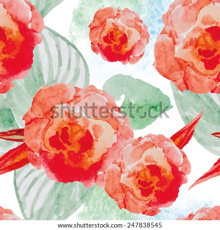 Red flowers with green leaves. Watercolor seamless pattern with roses.