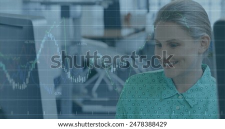 Image of financial data processing over caucasian businesswoman smiling. Global business, finance, computing and data processing concept digitally generated image.