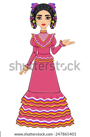 Mexican girl in an ancient dress. Isolated on a white background.