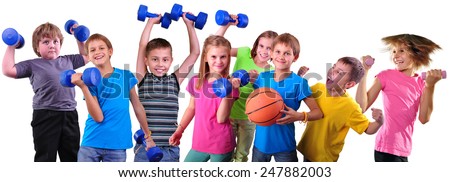 Large group of sportive happy cheerful children with dumbbells and ball isolated over white . Childhood, happiness, active sports lifestyle concept.