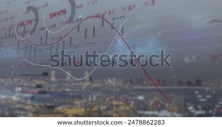 Image of stock market and data processing over cityscape. Global business and technology concept, digitally generated image.