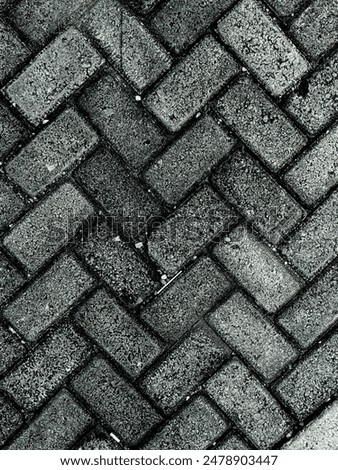 A close-up of a herringbone brick pattern on a pavement. This detailed image highlights the geometric design and texture, ideal for backgrounds, construction, and architectural themes.