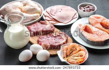 Protein diet: raw products on the wooden background Royalty-Free Stock Photo #247893733